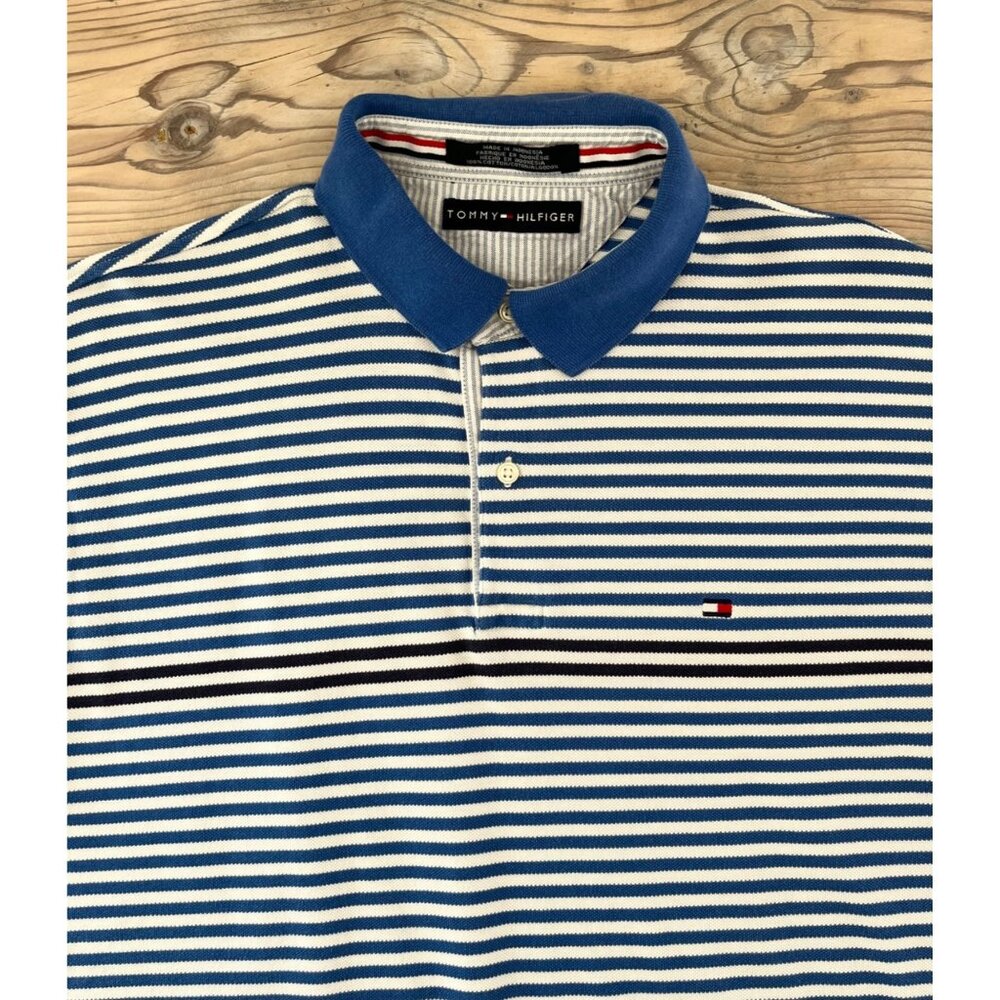 Tommy Hilfiger Polo Shirt Mens L Blue Stripe Short Sleeve 100% Cotton USA 90s